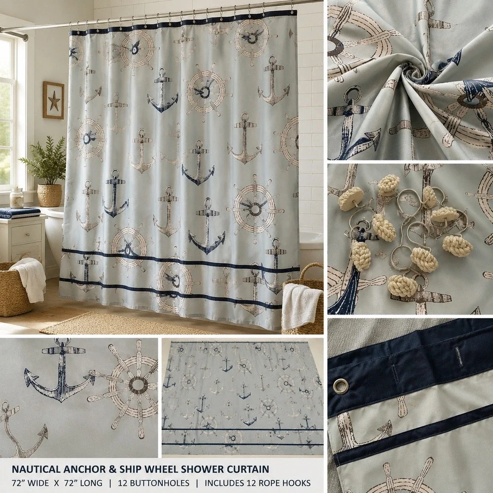 Nautical Anchor Ship Wheel Shower Curtain Set Seafoam Green Navy Blue with Hooks